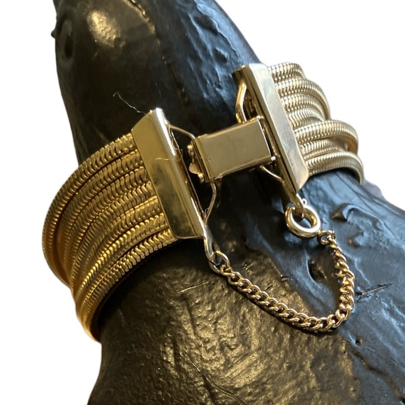 Chunky Vintage Gold Tone Snake Chain Bracelet - Multi-Strand - Retro Glam 7” - Picture 3 of 7